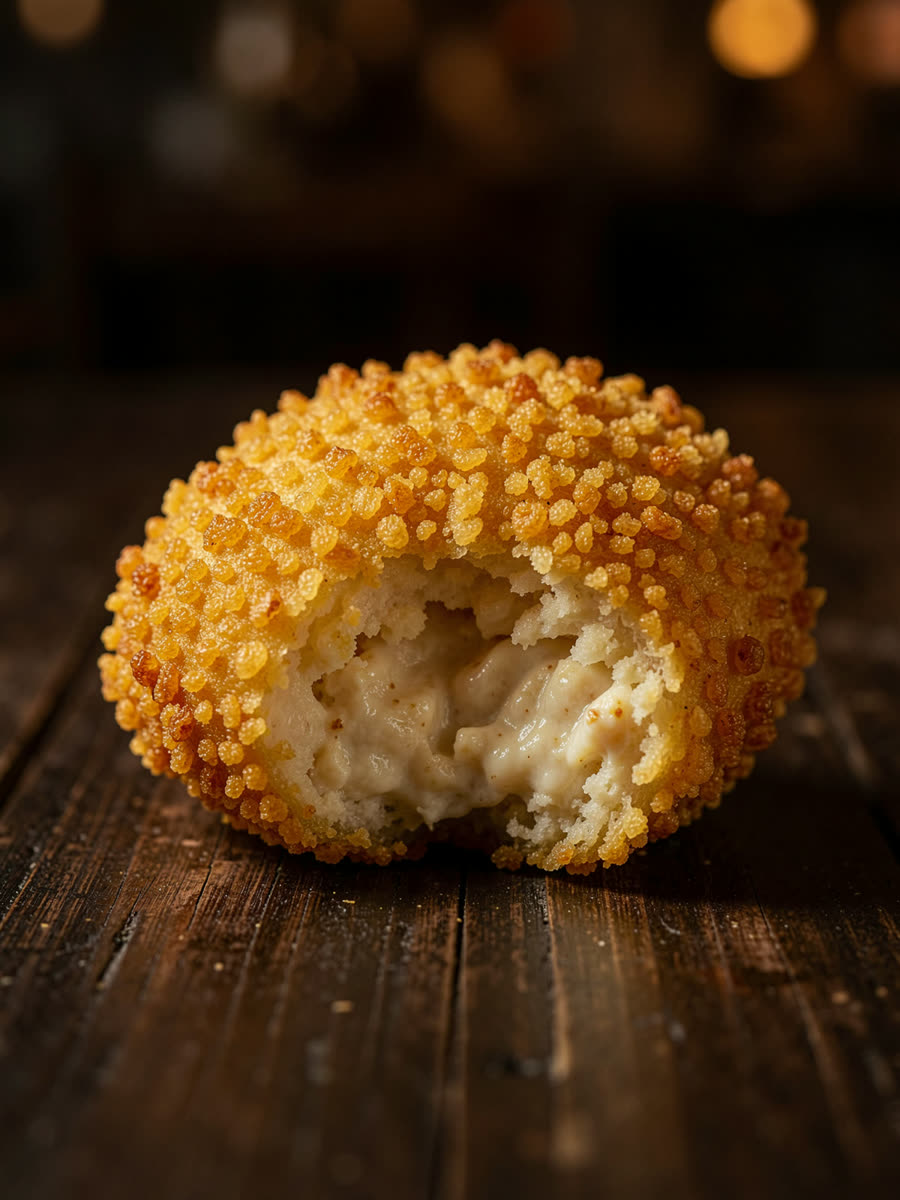 Coxinha de frango dourada partida ao meio
